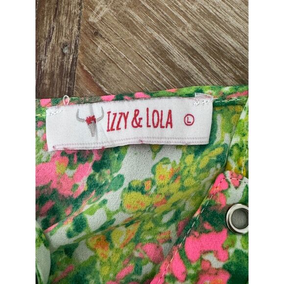 Izzy and Lola Green Pink Flora Tank Top Drawstring Adjustable straps Size L - Picture 3 of 9